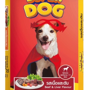 ถุงอาหารสุนัข SUPER DOG รสเนื้อและตับ ขนาด 20 กิโลกรัม เหมาะสำหรับสุนัขโตอายุ 1 ปีขึ้นไป มีภาพประกอบจานอาหารที่มีเนื้อและตับ พร้อมข้อความระบุรสชาติและน้ำหนักของผลิตภัณฑ์