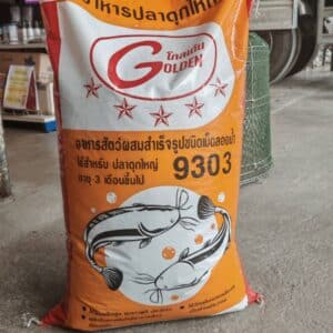 The image shows a bag of fish feed. The bag is orange and has Thai text on it. The brand name appears to be "Golden" (โกลเด็น). The product number is 9303. The feed is for large catfish (ปลาดุกใหญ่) that are 3 months old or older. The text also mentions that the feed is a complete feed, high quality, and produces good results.