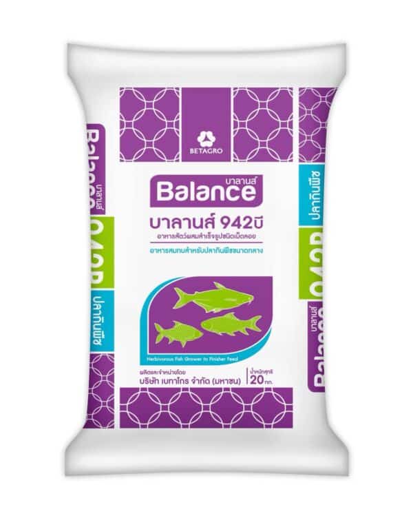 BETAGRO Balance บาลานส์ บาลานส์ 942บี อาหารสัตว์ผสมสำเร็จรูปชนิดเม็ดลอย อาหารสมทบสำหรับปลากินพืชขนาดกลาง Herbivorous Fish Grower to Finisher Feed ผลิตและจำหน่ายโดย บริษัท เบทาโกร จำกัด (มหาชน) น้ำหนักสุทธิ 20 กก. ปลากินพืช