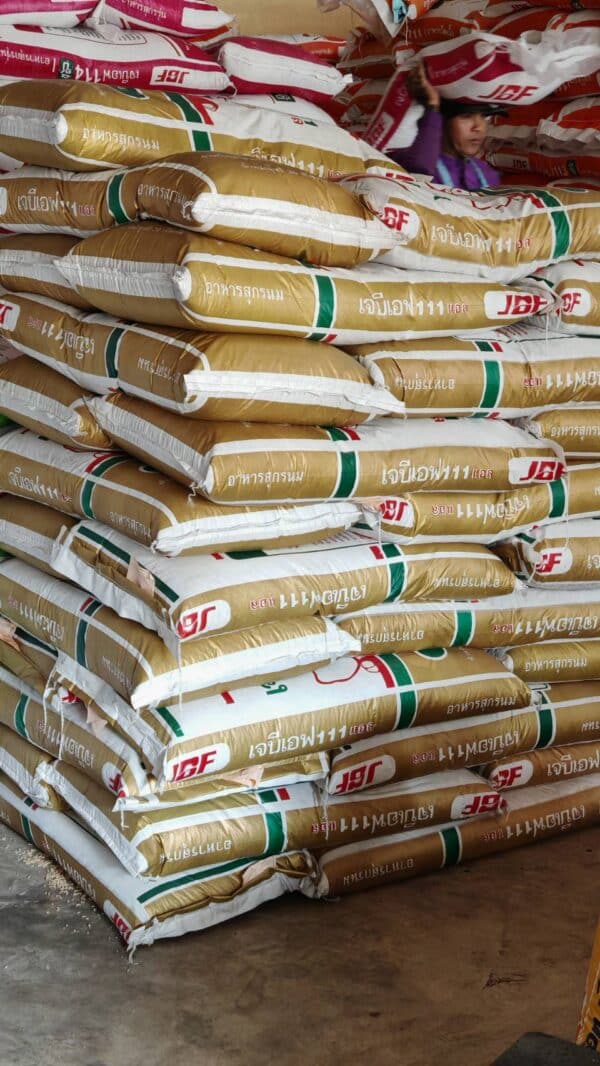 ภาพนี้เป็นภาพของ ถุงอาหารสุกร JBF 111L ซึ่งเป็นอาหารสำหรับลูกสุกร โดยมีรายละเอียดดังนี้: ยี่ห้อ: JBF ชื่อสินค้า: เจบีเอฟ 111 แอล (JBF 111L) ประเภทสินค้า: อาหารสุกรนม ช่วงอายุการใช้งาน: สำหรับสุกรแรกเกิดถึงน้ำหนัก 15 กิโลกรัม น้ำหนักสุทธิ: 30 กิโลกรัม